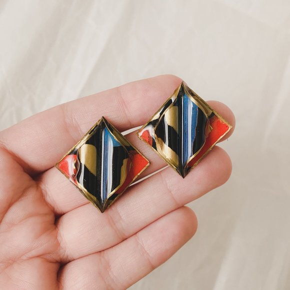 Vintage Orange Blue Gold Funky Abstract Mod Diamond Plastic Statement Earrings - Picture 9 of 10